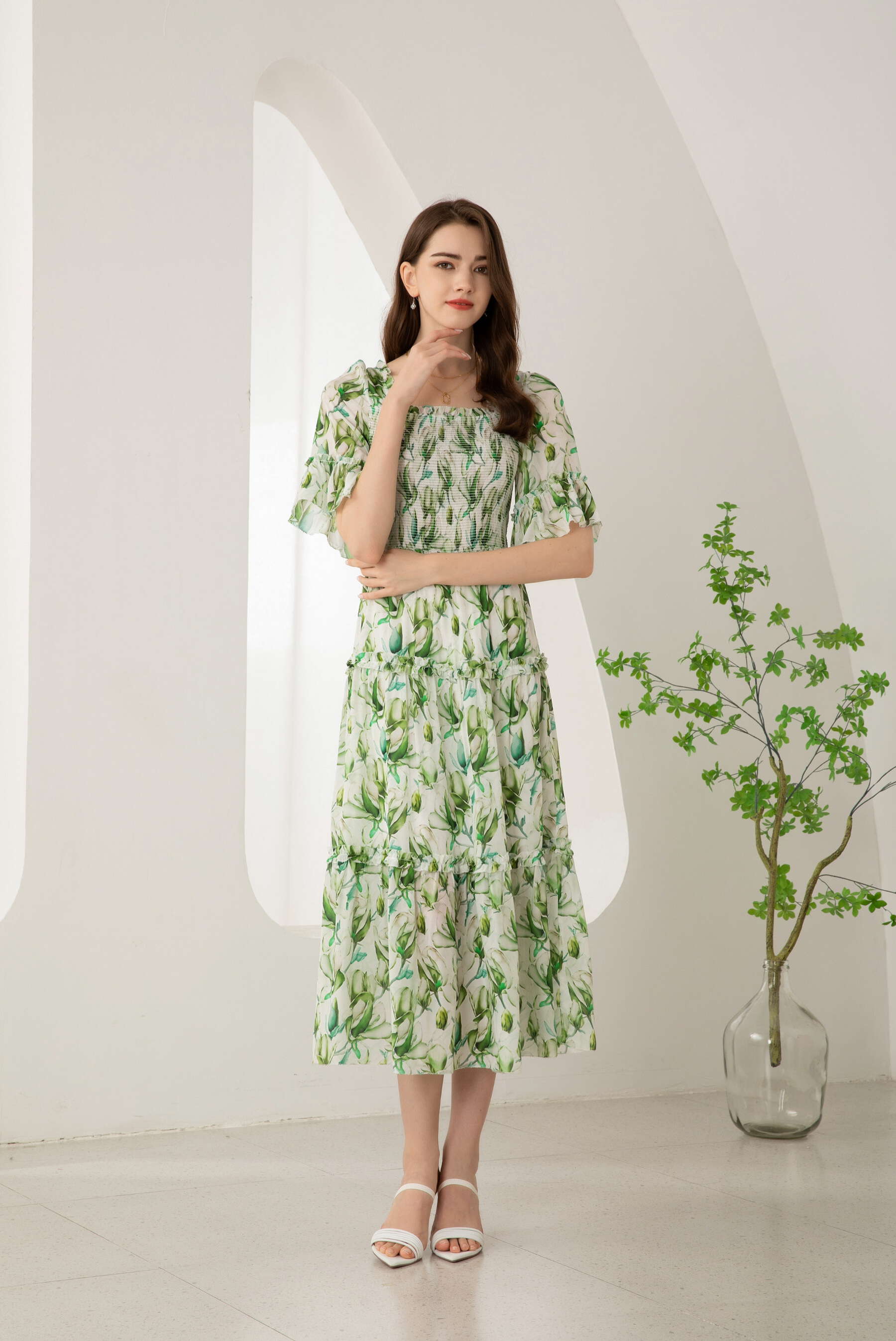 GDS Risette Silk Long Dress | Green Print