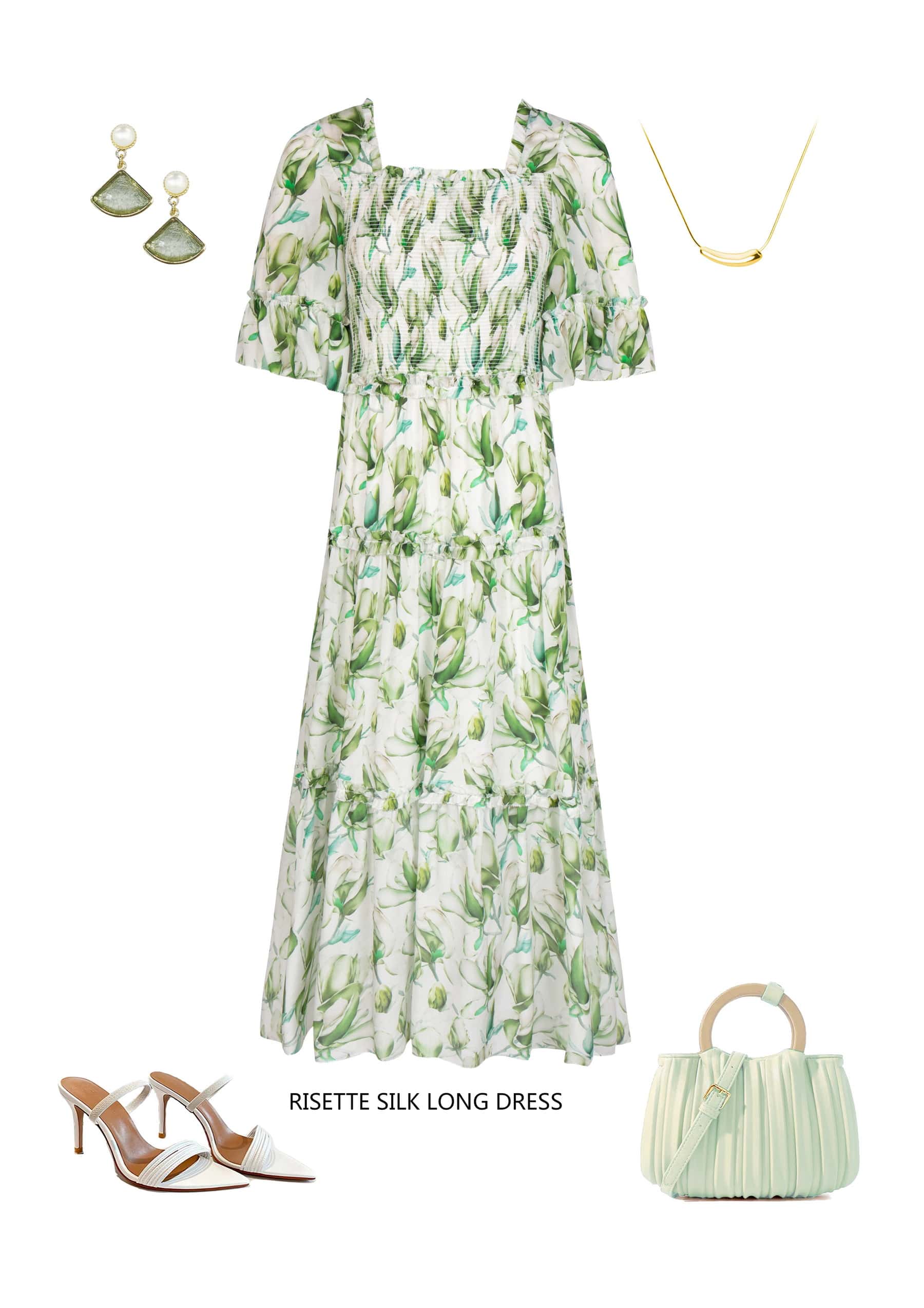 GDS Risette Silk Long Dress | Green Print