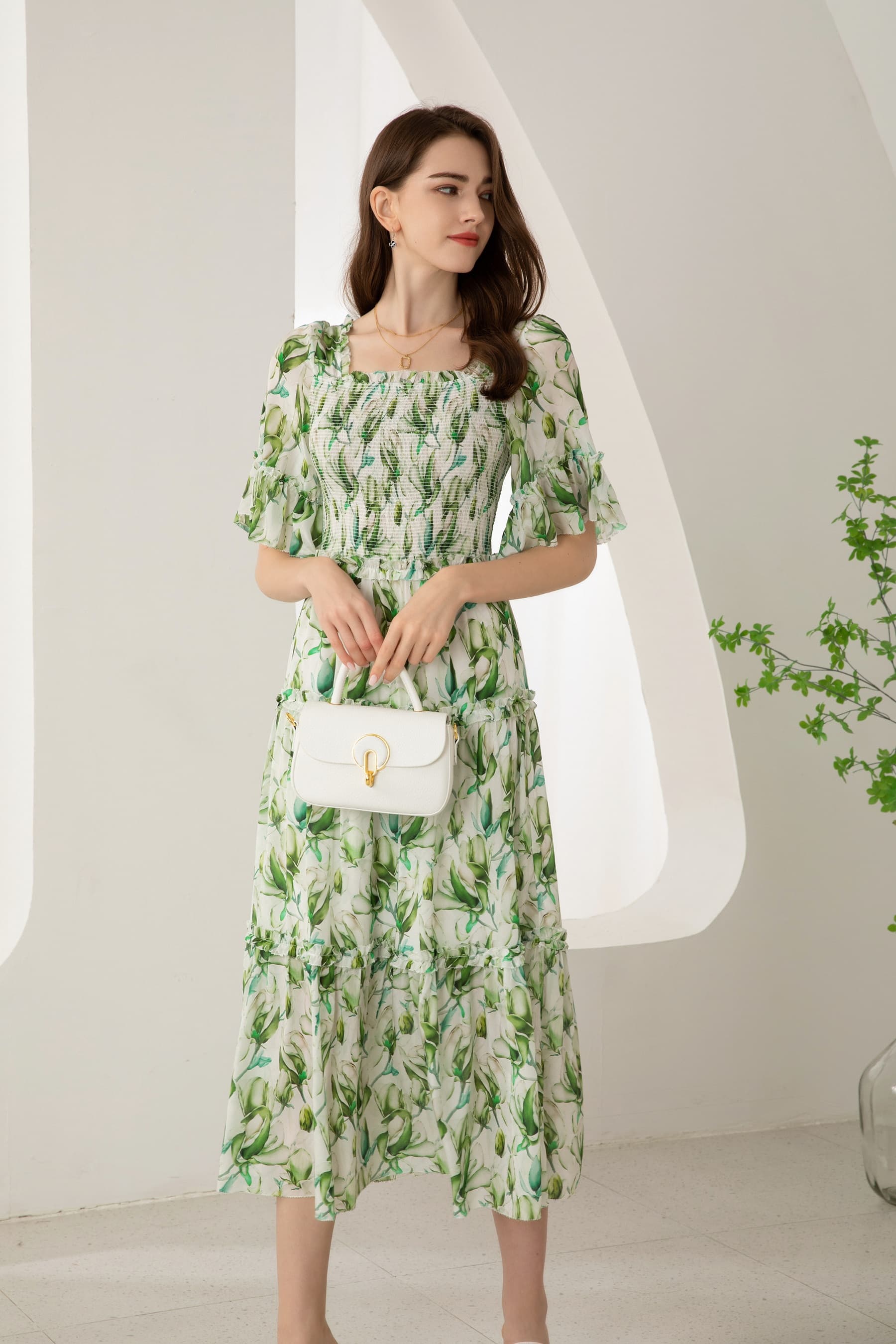 GDS Risette Silk Long Dress | Green Print