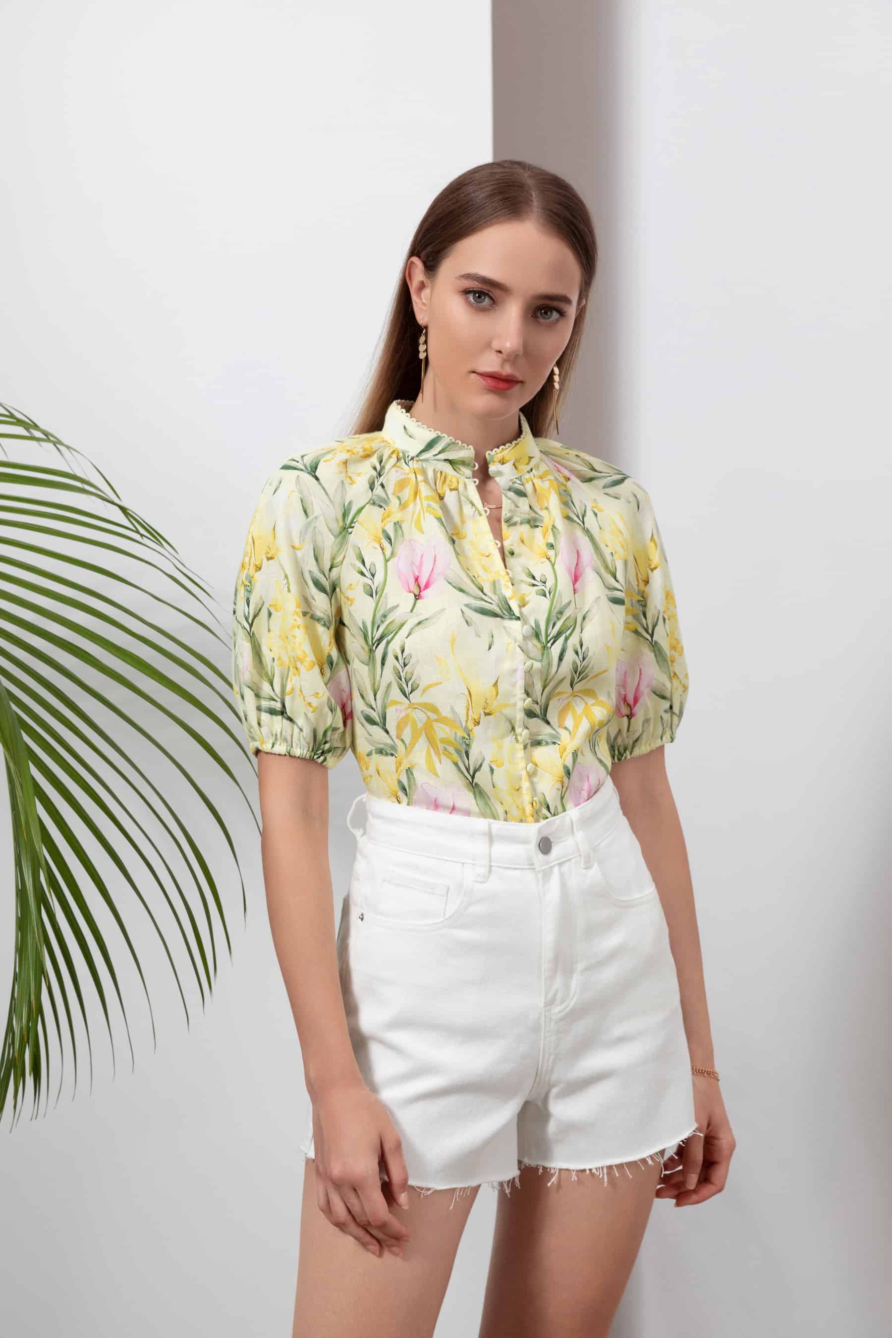 GDS Desiree Floral Linen Blouse | Yellow BLOUSES BLOUSES BRUNCH Catch GDS HOLIDAY L M S SPRING-SUMMER WORK XL XS YELLOW